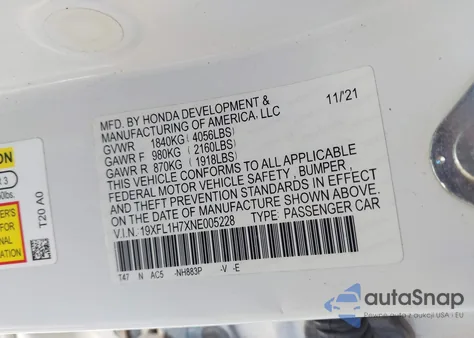 2022 Honda Civic Ex-L z USA, uszkodzony, nr VIN 19XFL1H7XNE005228